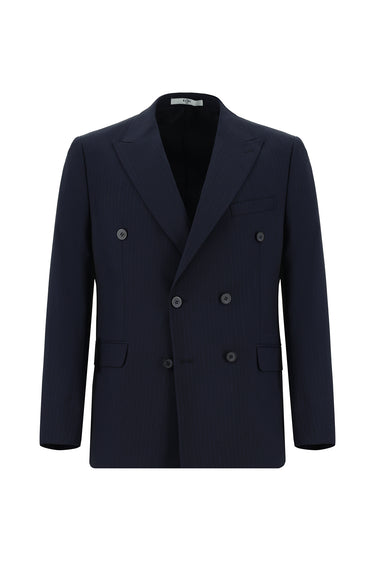 Koyu Lacivert Slim Fit Dar Kesim Çizgili Kruvaze Takım Elbise