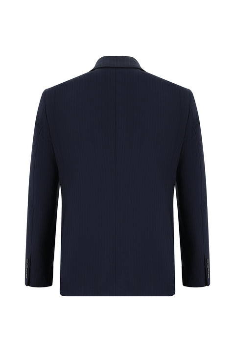 Koyu Lacivert 7 Drop Slim Fit Dar Kesim Çizgili Kruvaze Takım Elbise