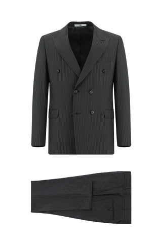  Koyu Antrasit Slim Fit Dar Kesim Çizgili Kruvaze Takım Elbise