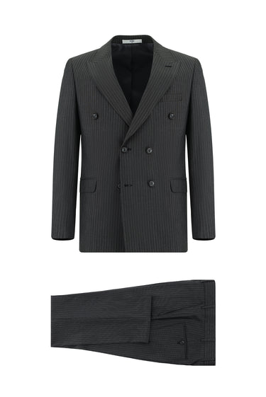Koyu Antrasit Slim Fit Dar Kesim Çizgili Kruvaze Takım Elbise