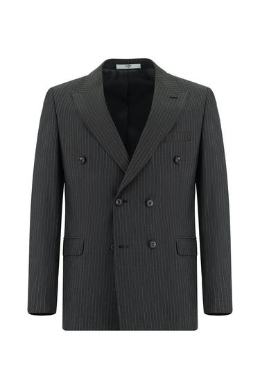 Koyu Antrasit Slim Fit Dar Kesim Çizgili Kruvaze Takım Elbise
