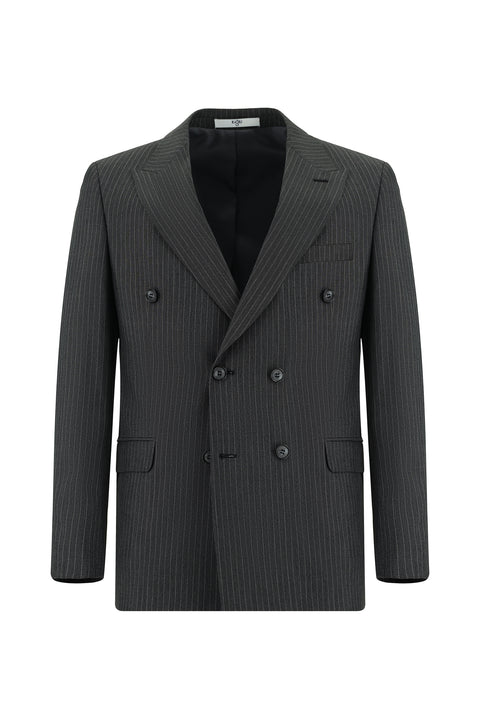 Koyu Antrasit 7 Drop Slim Fit Dar Kesim Çizgili Kruvaze Takım Elbise