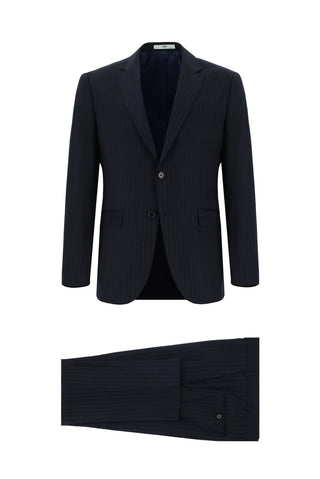 Koyu Lacivert 7 Drop Slim Fit Dar Kesim Çizgili Takım Elbise