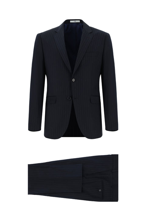 Koyu Lacivert 7 Drop Slim Fit Dar Kesim Çizgili Takım Elbise