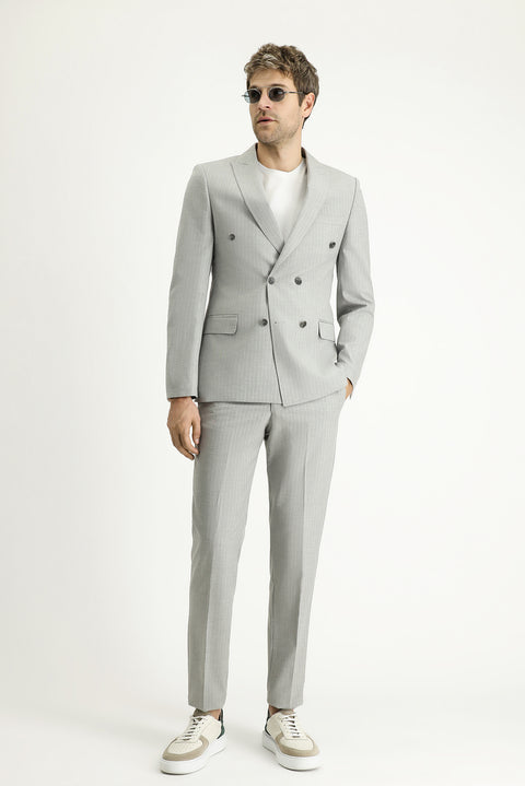 Orta Gri 7 Drop Super Slim Fit Eksra Dar Kesim Kruvaze Çizgili Takım Elbise