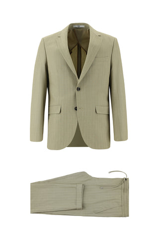  Açık Vizon Slim Fit Dar Kesim Beli Lastikli İpli Çizgili Takım Elbise