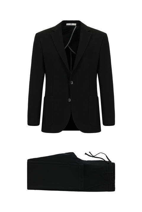 Siyah 7 Drop Slim Fit Dar Kesim Çizgili Beli Lastikli İpli Takım Elbise