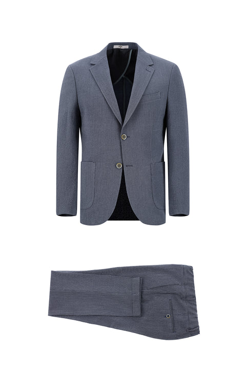 Açık Lacivert 7 Drop Slim Fit Dar Kesim Çizgili Beli Lastikli İpli Takım Elbise