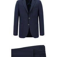 Koyu Lacivert Slim Fit Dar Kesim Çizgili Beli Lastikli İpli Takım Elbise