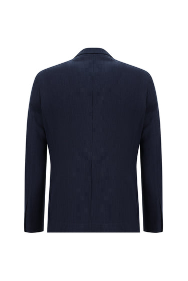  Koyu Lacivert Slim Fit Dar Kesim Çizgili Beli Lastikli İpli Takım Elbise