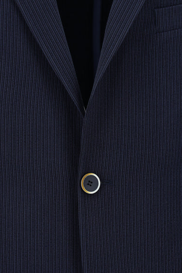  Koyu Lacivert Slim Fit Dar Kesim Çizgili Beli Lastikli İpli Takım Elbise