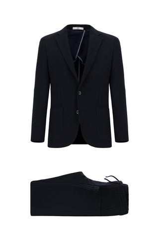  Siyah Lacivert Regular Fit Çizgili Beli Lastikli İpli Takım Elbise