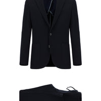 Siyah Lacivert Slim Fit Dar Kesim Çizgili Beli Lastikli İpli Takım Elbise