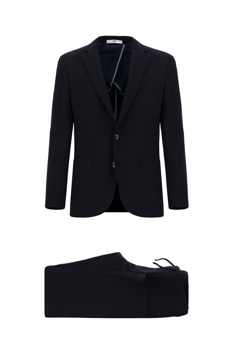 Siyah Lacivert 7 Drop Slim Fit Dar Kesim Çizgili Beli Lastikli İpli Takım Elbise