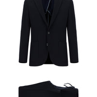 Siyah Lacivert 7 Drop Slim Fit Dar Kesim Çizgili Beli Lastikli İpli Takım Elbise
