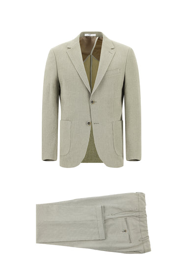 Koyu Bej Regular Fit Çizgili Beli Lastikli İpli Takım Elbise