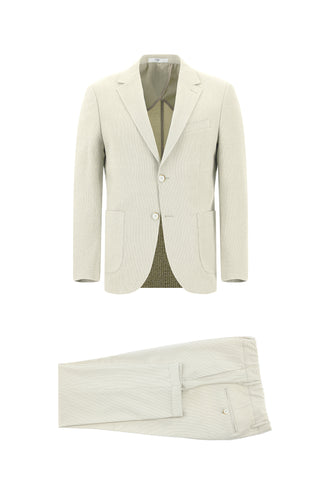  Krem 7 Drop Slim Fit Dar Kesim Çizgili Beli Lastikli İpli Takım Elbise