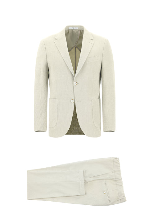 Krem 7 Drop Slim Fit Dar Kesim Çizgili Beli Lastikli İpli Takım Elbise