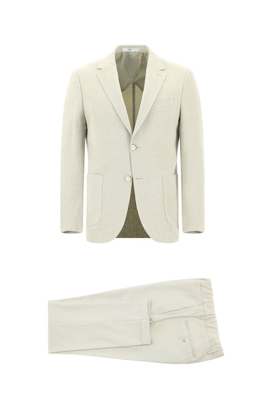 Krem 6 Drop Regular Fit Standart Kesim Çizgili Beli Lastikli İpli Takım Elbise