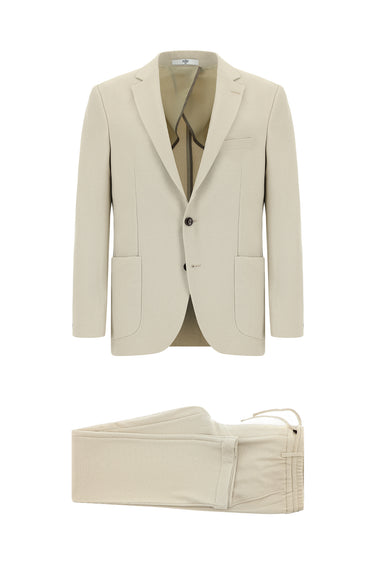 Ekru 6 Drop Regular Fit Standart Kesim Çizgili Beli Lastikli İpli Takım Elbise