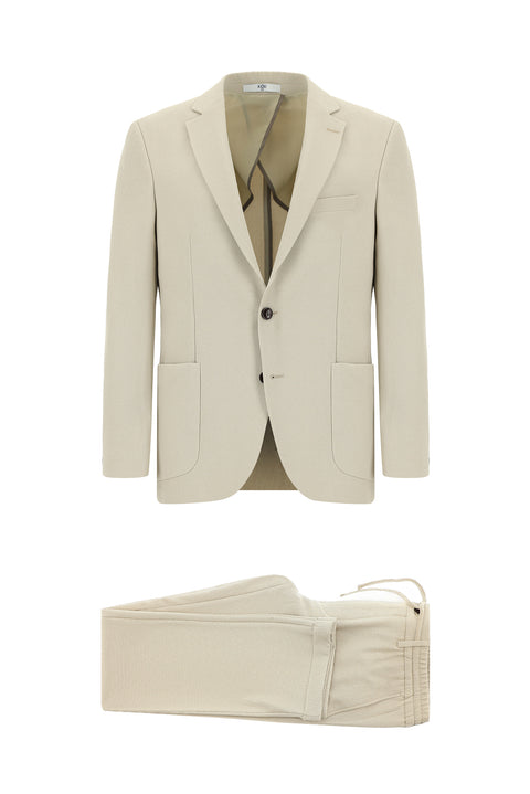 Ekru 6 Drop Regular Fit Standart Kesim Çizgili Beli Lastikli İpli Takım Elbise