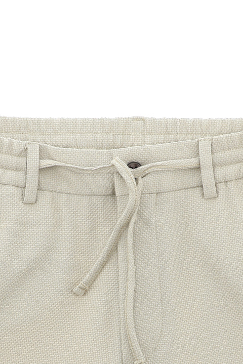 Ekru 7 Drop Slim Fit Dar Kesim Çizgili Beli Lastikli İpli Takım Elbise