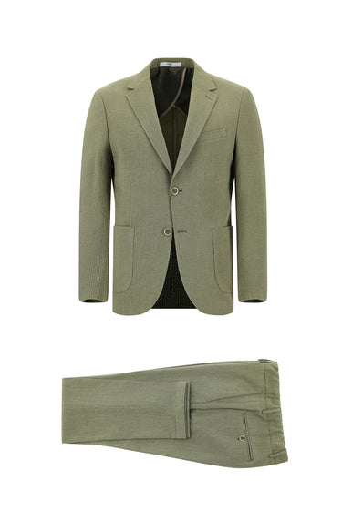 Açık Haki Slim Fit Dar Kesim Çizgili Beli Lastikli İpli Takım Elbise