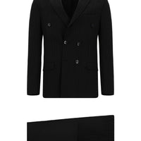 Siyah Super Slim Fit Ekstra Dar Kesim Çizgili Beli Lastikli İpli Kruvaze Takım Elbise