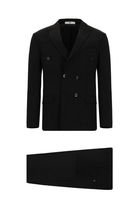 Siyah 7 Drop Super Slim Fit Eksra Dar Kesim Çizgili Beli Lastikli İpli Kruvaze Takım Elbise