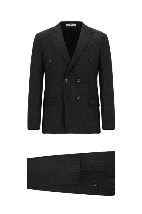 Koyu Füme 7 Drop Super Slim Fit Eksra Dar Kesim Çizgili Beli Lastikli İpli Kruvaze Takım Elbise