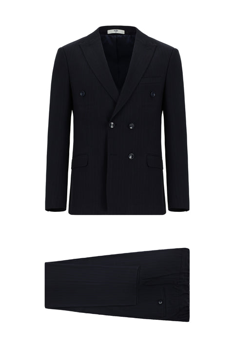 Koyu Lacivert 7 Drop Super Slim Fit Eksra Dar Kesim Çizgili Beli Lastikli İpli Kruvaze Takım Elbise