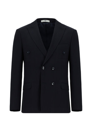  Koyu Lacivert Super Slim Fit Ekstra Dar Kesim Çizgili Beli Lastikli İpli Kruvaze Takım Elbise