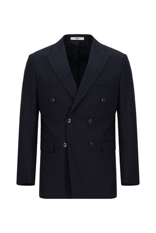  Koyu Lacivert Regular Fit Çizgili Kruvaze Takım Elbise