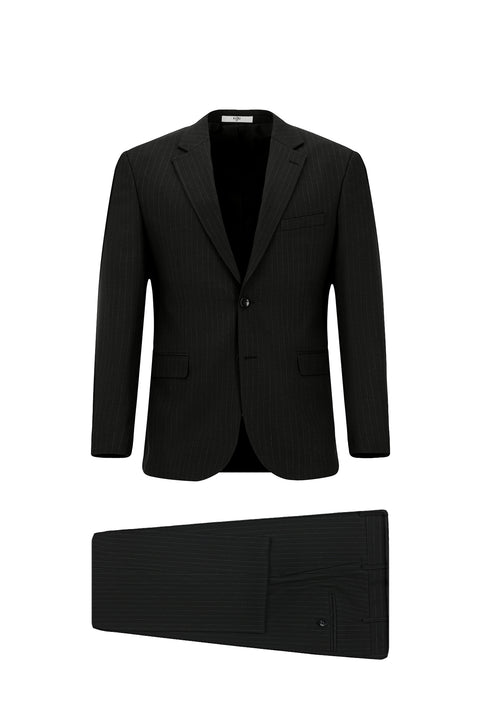 Siyah 4 Drop Relaxed Fit Rahat Kesim Çizgili Takım Elbise