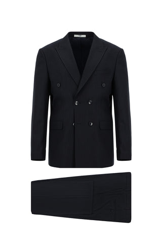  Koyu Lacivert Regular Fit Çizgili Kruvaze Takım Elbise