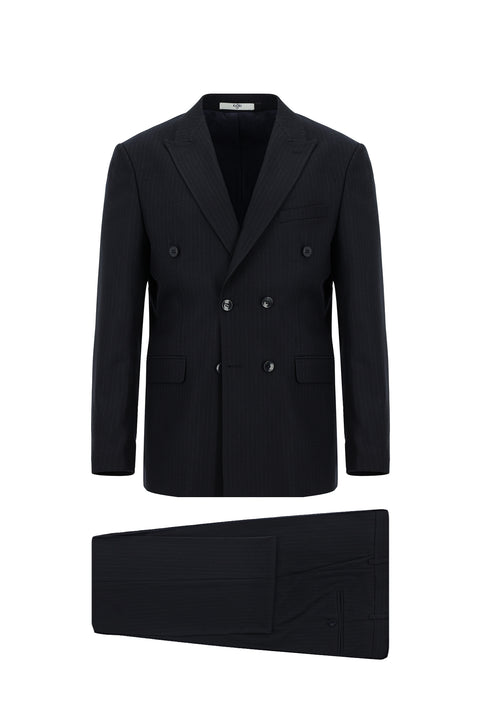 Koyu Lacivert 6 Drop Regular Fit Standart Kesim Çizgili Kruvaze Takım Elbise