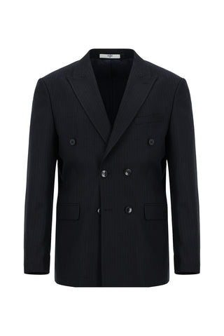  Koyu Lacivert Regular Fit Çizgili Kruvaze Takım Elbise