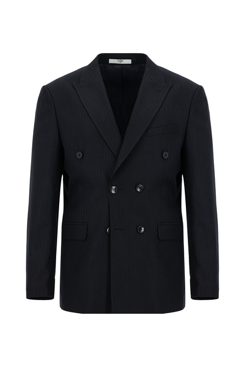 Koyu Lacivert 6 Drop Regular Fit Standart Kesim Çizgili Kruvaze Takım Elbise