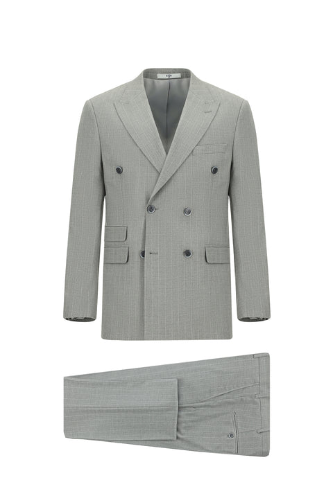 Orta Gri 7 Drop Slim Fit Dar Kesim Çizgili Kruvaze Takım Elbise