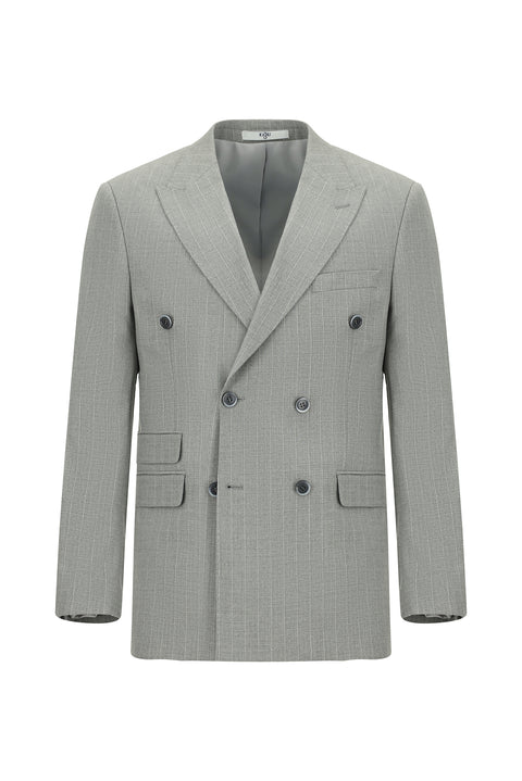 Orta Gri 7 Drop Slim Fit Dar Kesim Çizgili Kruvaze Takım Elbise