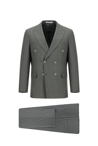  Orta Füme Slim Fit Dar Kesim Çizgili Kruvaze Takım Elbise