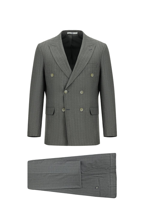 Orta Füme 7 Drop Slim Fit Dar Kesim Çizgili Kruvaze Takım Elbise