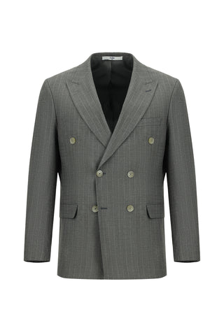  Orta Füme Slim Fit Dar Kesim Çizgili Kruvaze Takım Elbise