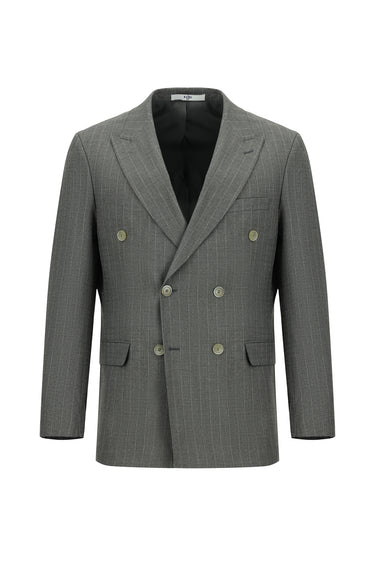  Orta Füme Slim Fit Dar Kesim Çizgili Kruvaze Takım Elbise