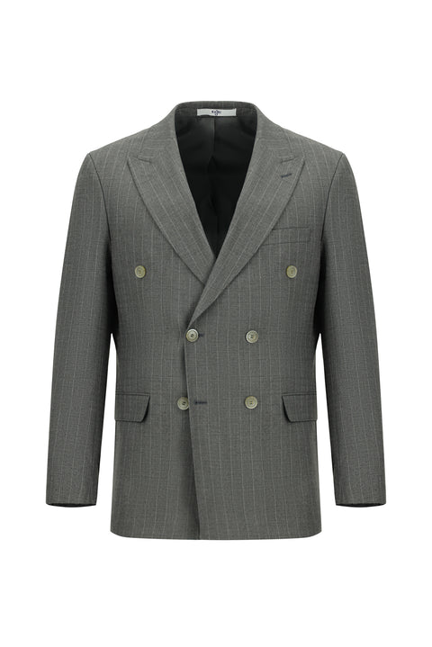 Orta Füme 7 Drop Slim Fit Dar Kesim Çizgili Kruvaze Takım Elbise