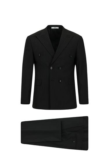 Siyah Slim Fit Dar Kesim Çizgili Kruvaze Takım Elbise