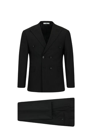  Siyah Slim Fit Dar Kesim Çizgili Kruvaze Takım Elbise