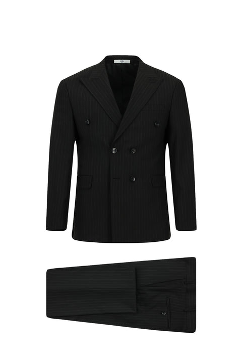 Siyah 7 Drop Slim Fit Dar Kesim Çizgili Kruvaze Takım Elbise