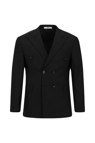  Siyah Slim Fit Dar Kesim Çizgili Kruvaze Takım Elbise