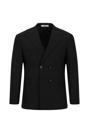  Siyah Slim Fit Dar Kesim Çizgili Kruvaze Takım Elbise